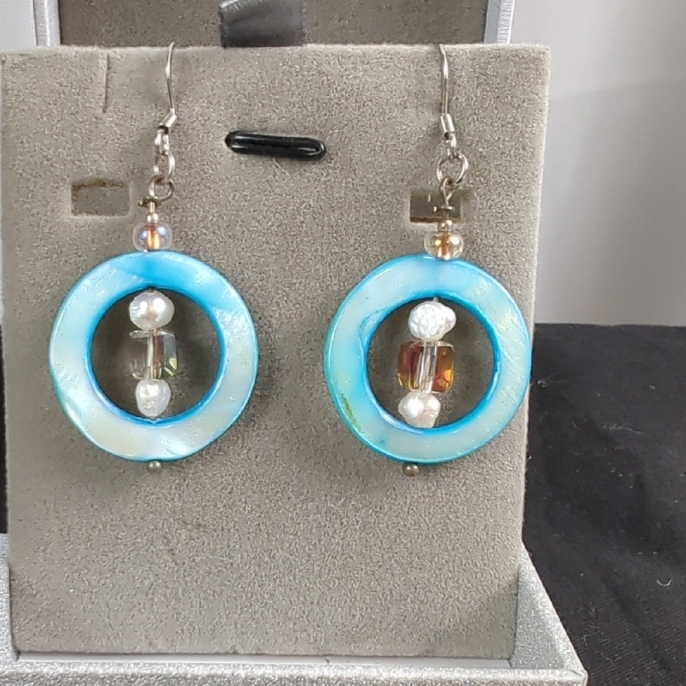 Turquoise Blue Hoop Drop Earrings with Iridescent Beads